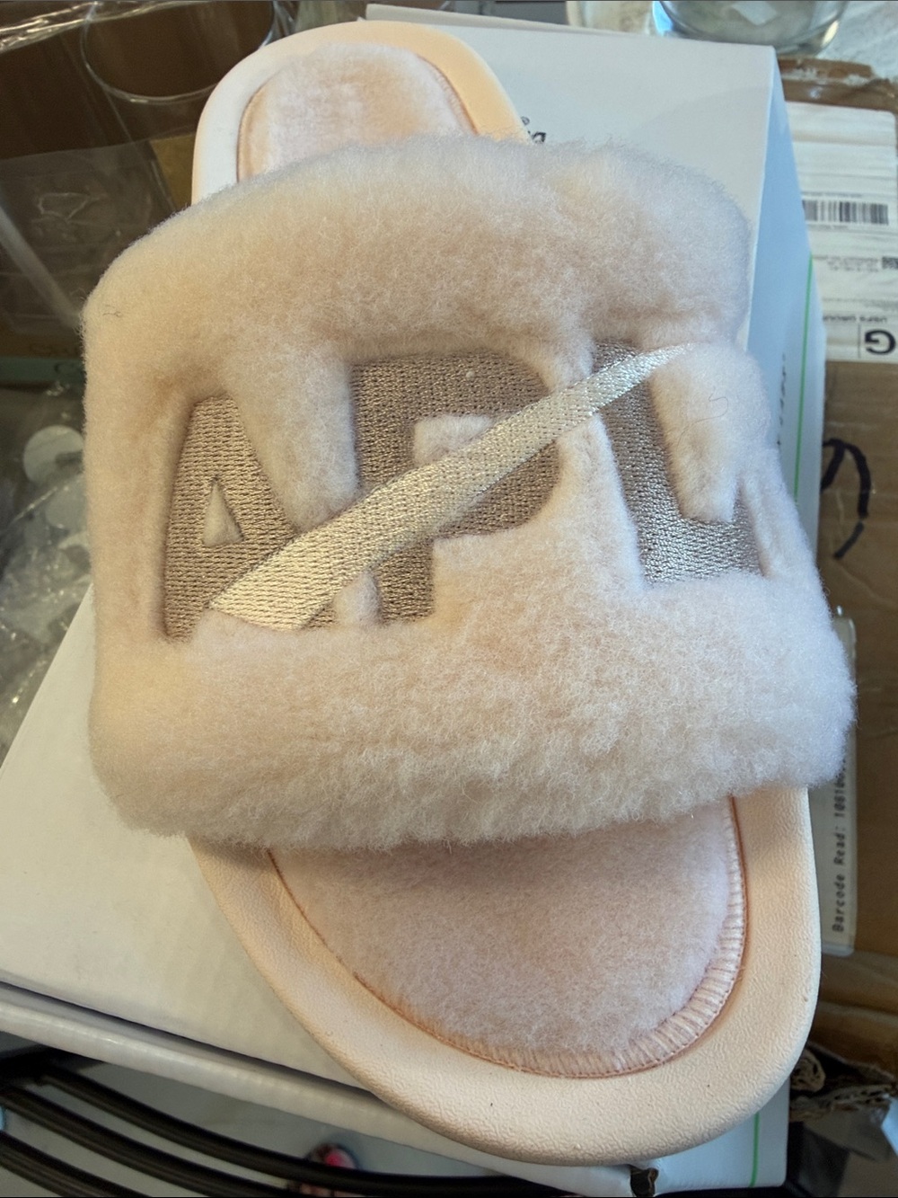 APL Women's Blush Shearling Logo Slide Sandals Sz 9